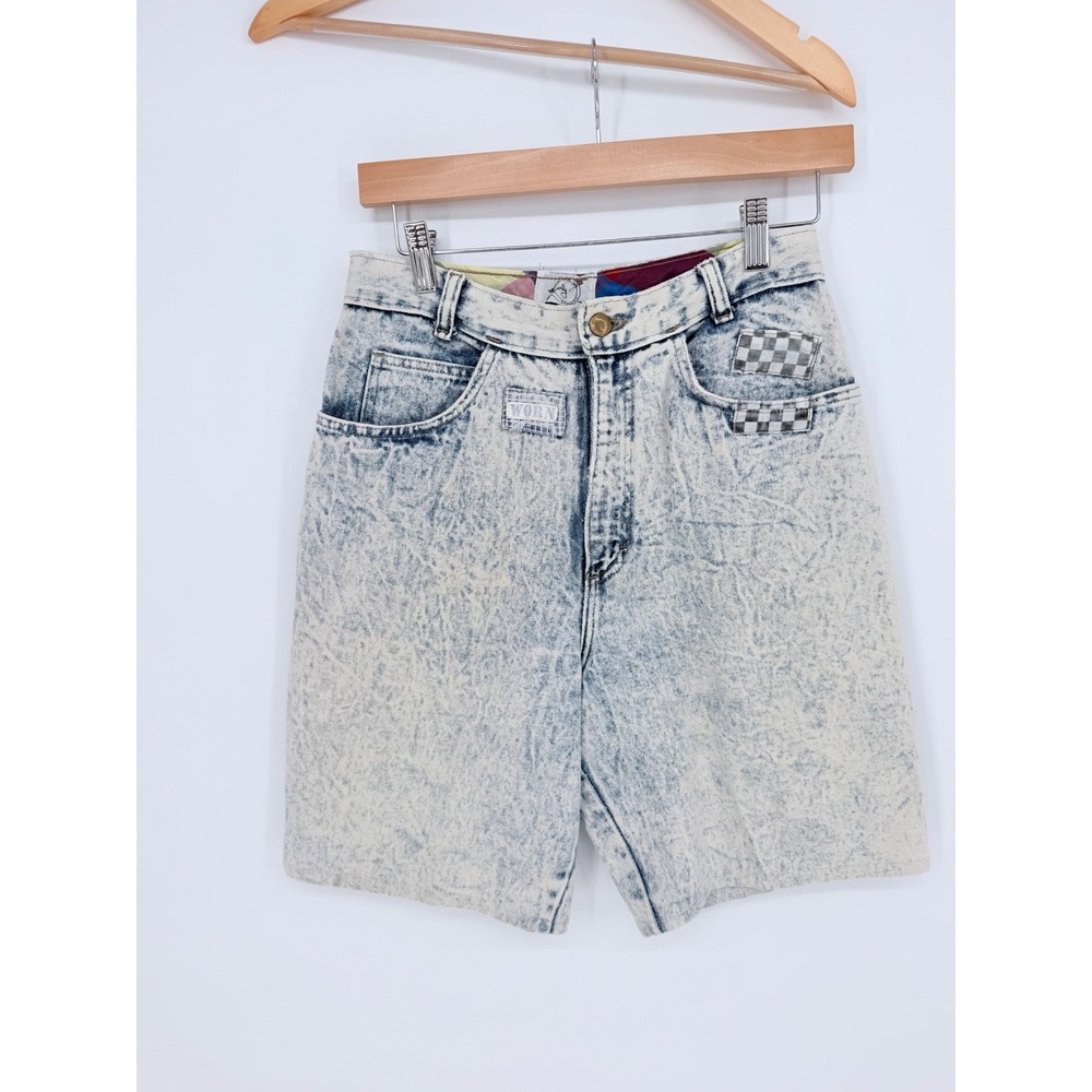 Worn Denim Shorts 27 Blue Acid Wash Checkered Patch Y2K Retro Aesthetic